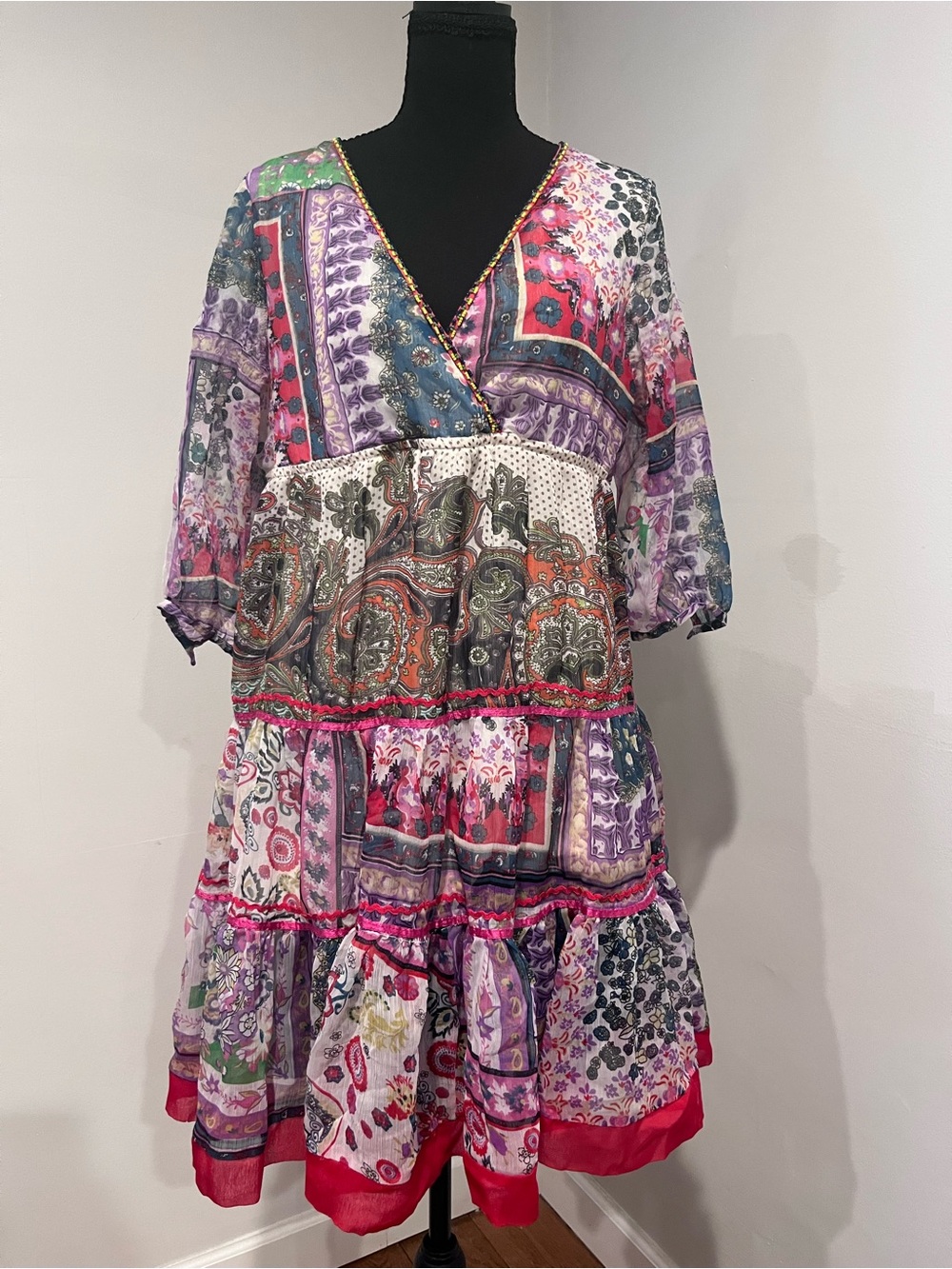 Boho Patchwork V-Neck Tiered Dress in Multicolor